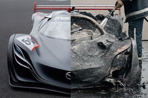Mazda's Furai concept car before and after the fire that destroyed it. Photo / Supplied