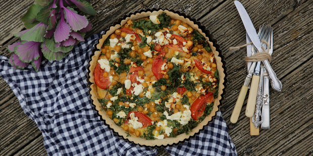 Kale, chickpea and feta tart with a buckwheat crust. Photo / Eleanor Ozich