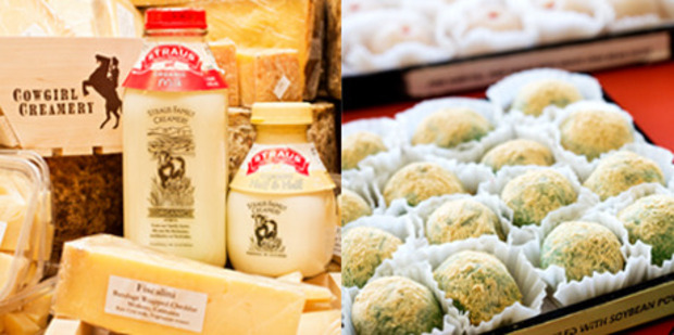A selection of delicious cheeses and milk from the Cowgirls Creamery in the San Francisco ferry Building and fresh Mochi balls from Benkyodo in Japan Town, San Francisco.