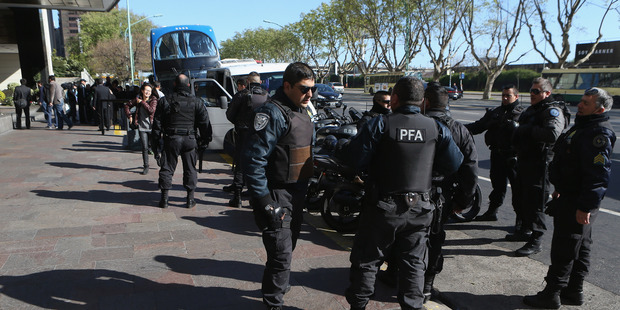 Argentine Federal Police outriders stand by to escort the All Black team to training after a New Zealand All Blacks press conference. File photo / Getty Images