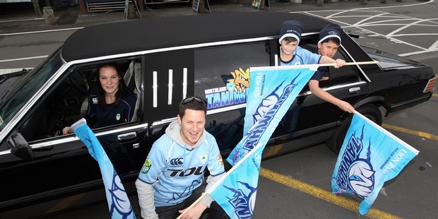 From left, Stacey Turnbull, Gary Younger, Billy Younger, 7, and Jackson Younger, 10, travelled from Whangarei to Napier in a limo for Northland's match against the Magpies. Photo / Paul Taylor
