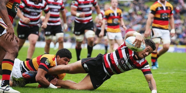 Augustine Pulu of Counties charges towards the line to score a try. Photo / Getty Images
