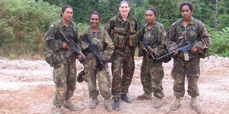 Four Officer Cadets and NZ Army Capt Tiplady. L-R OC Saroa, OC Esward, CAPT Tiplady, OC Moiya and OC Nul.