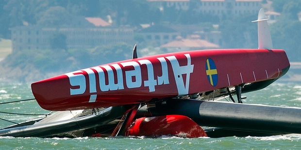 The Artemis Racing AC72 capsized in May this year during a training excercise killing Andrew "Bart" Simpson. Photo / AP