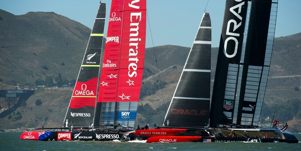 Team NZ were well beaten in the prestart after Oracle got port entry yesterday. Photo / Chris Cameron
