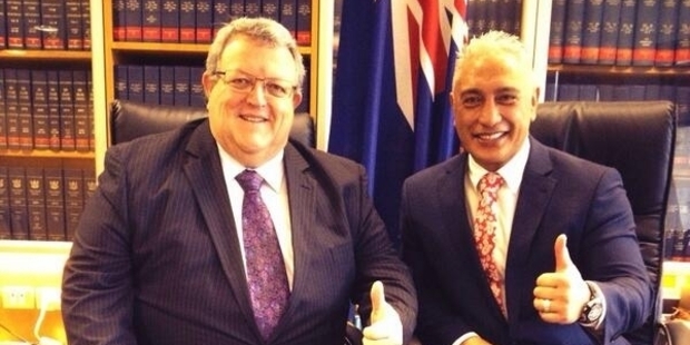 National MPs Gerry Brownlee and Alfred Ngaro show some ankle-length sartorial support for Emirates Team New Zealand at Parliament.