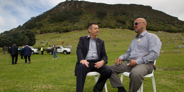 Tauranga Mayor Stuart Crosby and Tauranga Moana Iwi Leaders Forum chairman Awanui Black enjoy the view. Photo / Alan Gibson