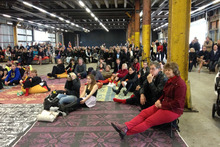 People gather at Shed 10 for the America's Cup.Photo / Brett Phibbs