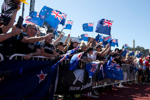 Emirates Team New Zealand fans, during the dock out, at the America's Cup Park to watch Races 11 and 12. Photo / Brett Phibbs