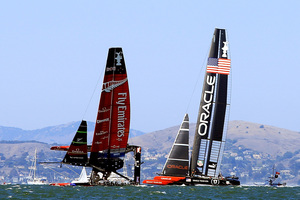 In Race 8, Team NZ had changed to bigger rudders and different daggerboards to help with stability in the bigger winds. Photo / Getty Images