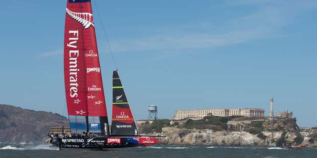 Emirates Team New Zealand during pre-start of Race 11 of the America's Cup. Photo / Brett Phibbs