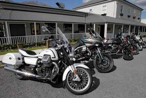 Six of the best... the Moto Guzzi range shows off its variety outside the Riverhead Tavern.