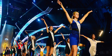 Contestants dance on the runway during the opening number of the preliminary competition of the 2014 Miss America Pageant.Photo / AP