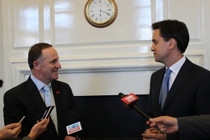 John Key and British Labour leader Ed Miliband meet at Portcullis House in London. Photo / Claire Trevett