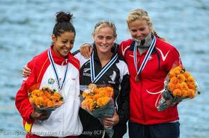 Teneale Hatton (centre) won a world title in the under-23 K1 marathon in Denmark. Photo / Balint Vekassy