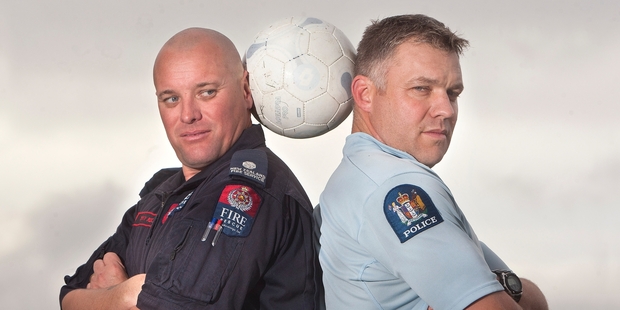 Rotorua police team captain Mike Kelly (right) and Rotorua Fire Service team captain Tony Whyte will face off as part of a curtain raiser match for the Wellington Phoenix on Sunday. Photo / Ben Fraser