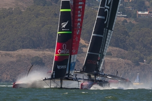 Team New Zealand were never able to stretch out a comfortable lead over Oracle in race 11. Photo / Brett Phibbs