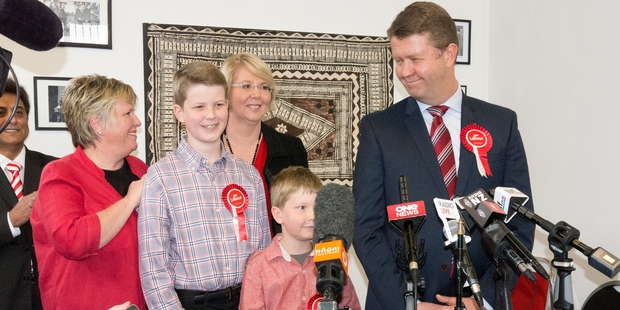 David Cunliffe with wife Karen, sons William, left, and Cameron, right, and party president Moira Coatsworth, left. Photo / Steven McNIcholl