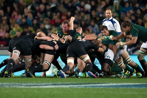 Mike Cron would have something to say about Jannie du Plessis' angle of impact in this scrum. Photo / Kenny Rodger