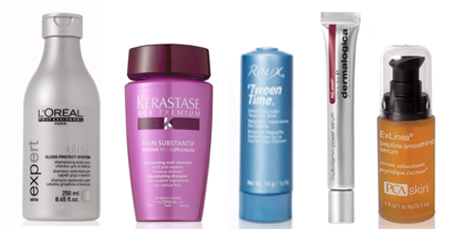 L'Oreal Professionel Serie Expert Silver shampoo, Kerastase Age Premium rejuvenating shampoo, Roux Tween Time touch-up stick, Dermalogica MultiVitamin Power Serum and PCA Skin ExLinea Serum.