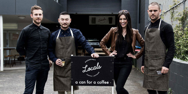 Caffe L'affare staff David Young, Andy Lo, Zeisha Fremaux, Aaron Root outside Locals cafe in Auckland.
