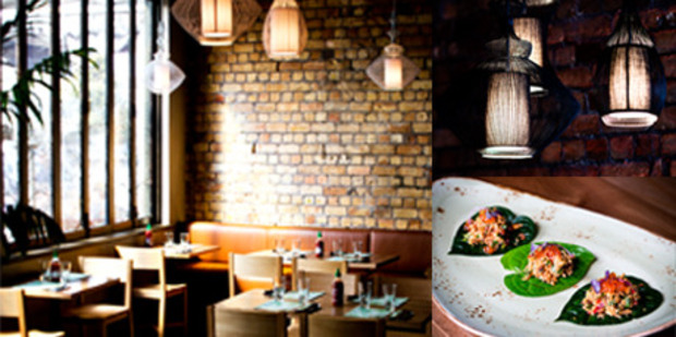 Interior detail of restaurant Mekong Baby in Ponsonby and the Crab Betel Nut Leaves currently on the menu. Photo / Babiche Martens