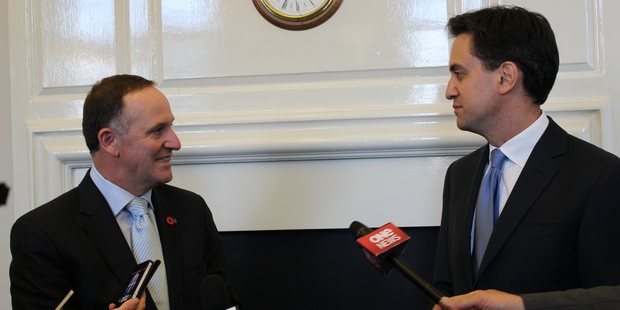 John Key and British Labour leader Ed Miliband meet at Portcullis House in London.