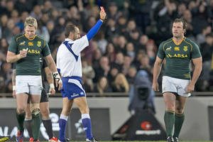 Referee Romain Poite sends Bismarck du Plessis from the field. Photo / Greg Bowker