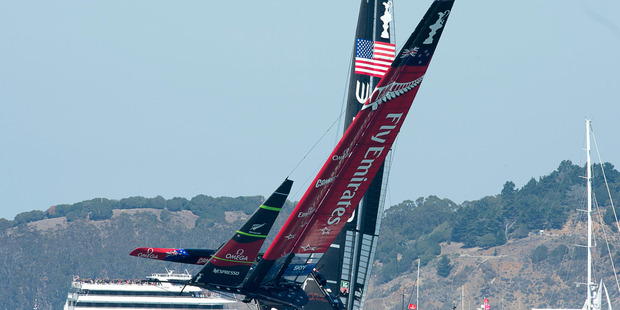 Emirates Team New Zealand gets close to capsizing when hydraulics failed to push the wing through on a tack. Photo / Team NZ