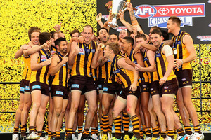 The Hawks celebrates with the Premiership Cup after winning the 2013 AFL Grand Final. Photo / Getty Images