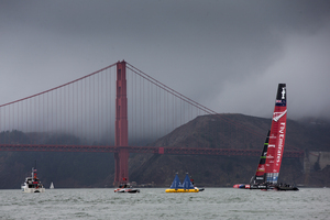 Emirates Team New Zealand, against a backdrop of bad weather and a changed wind direction yesterday, is left in the doldrums yet again yesterday in the America's Cup. Photo / Brett Phibbs