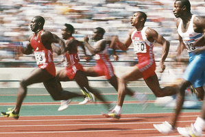 Ben Johnson leads the field in the final of the 100m sprint at the 1988 Seoul Olympics, where he was stripped of his medal after a positive drugs test. Photo / AP