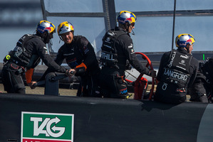 The comeback kings, from left, Ben Ainslie, Tom Slingsby and Jimmy Spithill are on the charge off San Francisco. Photo / Oracle