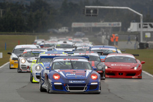 The McIntyre/Ellingham Porsche leads the 35-car field away at the start of the opening round of the ASKO Three Hour Endurance Series. Picture / Euan Cameron