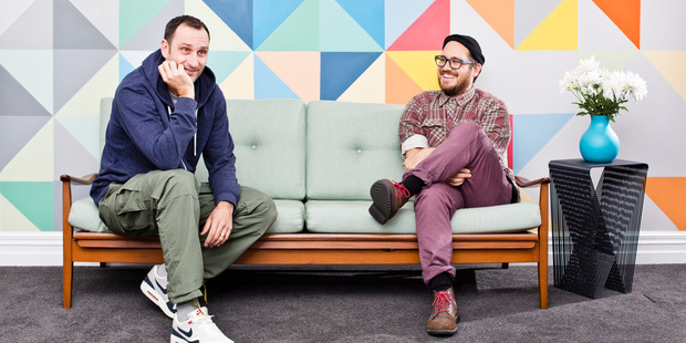 Cut Collective members Sparrow Phillips and Ross Liew photographed in front of one of their latest commissions, inside interior designer Tomi Williams' home. Photo / Babiche Martens