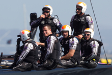Emirates Team New Zealand after their second loss against Oracle Team USA today. Photo / Brett Phibbs