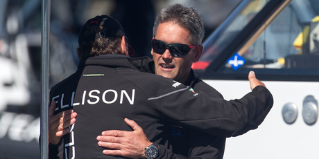 Larry Ellison and Russell Coutts celebrate another win for Oracle. Photo / Gilles Martin-Raget