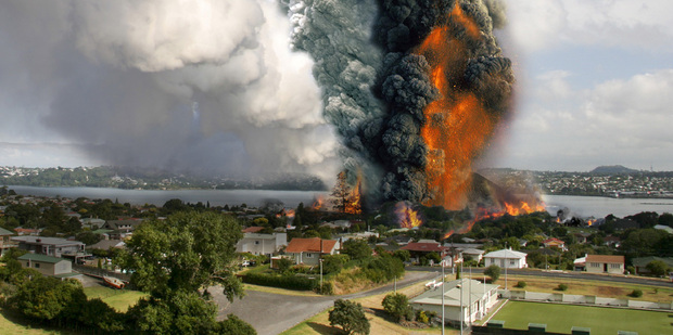 An artist's impression of a volcanic eruption in Auckland. The simulation was in the Manukau harbour with a blast radius of 3km.