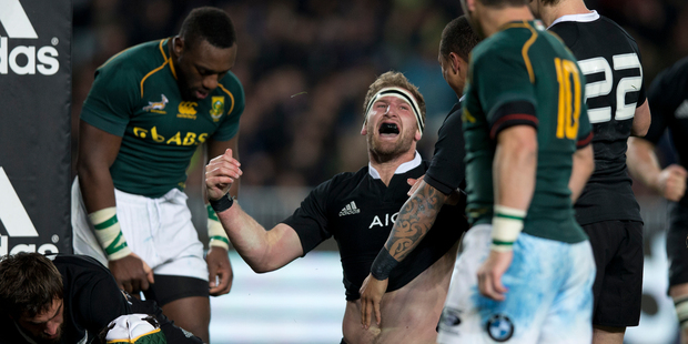 Kieran Read celebrates scoring a try at Eden Park. Photo / Brett Phibbs
