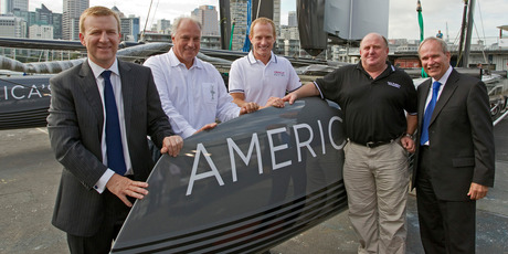 Jonathan Coleman (left) with Iain Murray, Jimmy Spithill, Mark Turner and Len Brown at the commissioning of the first AC45 yacht in 2011. Photo / NZPA