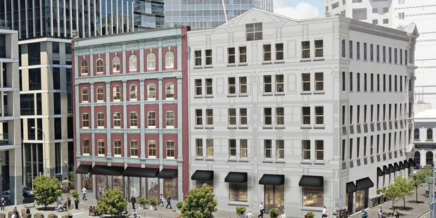 Artist's impression of Nathan building at 36-38 Customs St, (left) and Australis building (right) at 40-46 Customs St following their refurbishment.