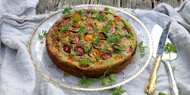 Spinach and ricotta torte with Italian cherry tomatoes. Photo / Eleanor Ozich