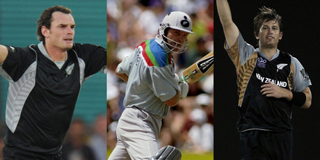 Kyle Mills (left), Martin Crowe (c) and Shane Bond. Photo / Getty Images and AP.