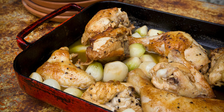 Roast chicken with 40 cloves. Photo / Michael Craig