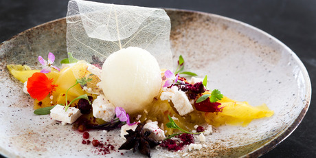 Pineapple Carpaccio Yuzu sorbet, sesame meringue, lychee, pink peppercorn dessert currently on the menu at Ebisu restaurant in Britomart. Photo / Babiche Martens