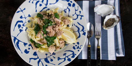 Tuna and spinach pasta is given a fresh twist with a squeeze of citrus. Photo / Kellie Blizard