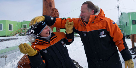 Prime Minister John Key jokes with wife Bronagh in front of the new sculpture. Photo / Alan Gibson