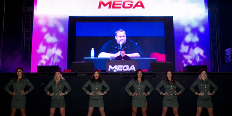 Kim Dotcom at yesterday's official launch of his new mega file storage service. Photo / Richard Robinson.