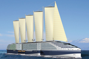 Features of STX's environmentally friendly Eoseas project include huge sails to supplement its LNG power plant. Photo / Supplied