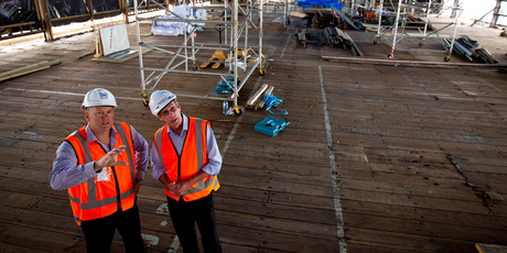Building project manager Greg Ford (left) with design project manager John Smith, says Shed 10's majesty is being revealed. Photo / Dean Purcell